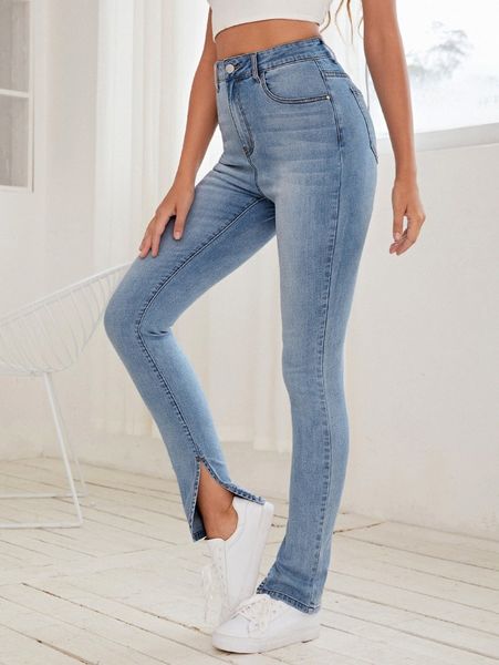 

high waist slit hem skinny jeans p6en#, Blue