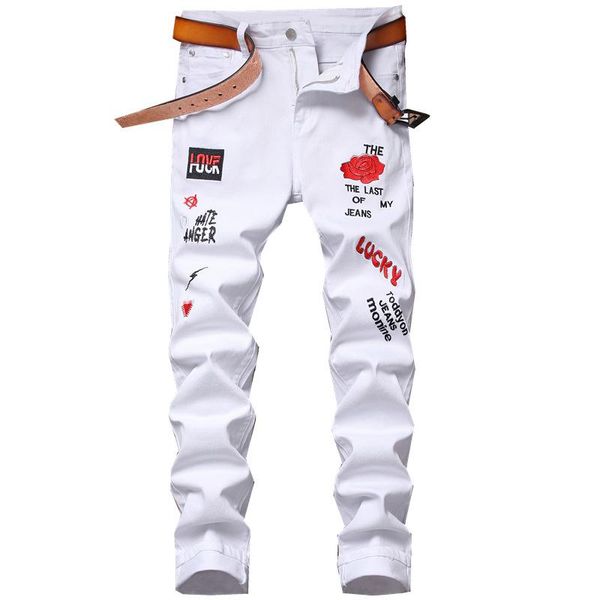 

men's jeans flower letters embroidery white fahion badge stretch denim pants casual slim fit trousers, Blue