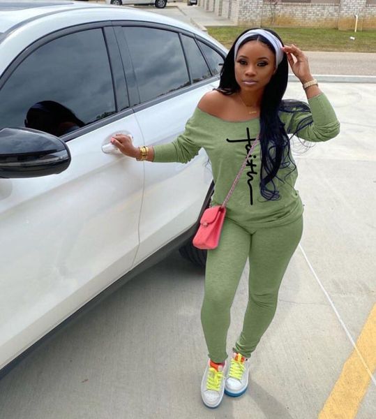 

women's two piece pants 2021 autumn fashion oblique shoulder long-sleeved trousers two-piece suit printed splicing letters casual sport, White