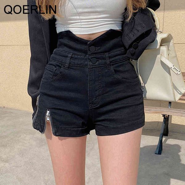 

denim poom short women plus size high waist shorts female irregular waist button jeans shorts summer side zipper shorts 210416, White;black