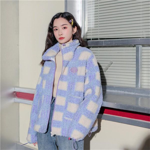 

women's jackets fleece jacket for women autumn winter loose casual plaid drawstring zipper lamb wool home wear coat kuromi blue, Black;brown