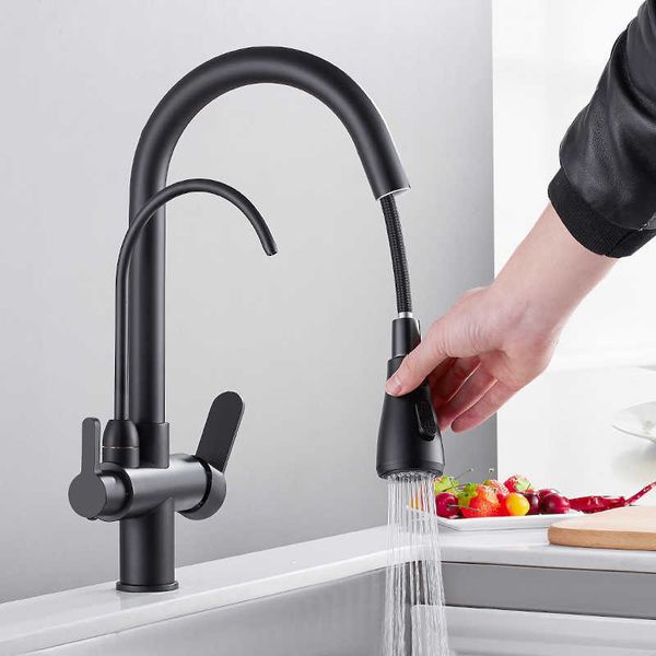 Rubinetto da cucina con filtro Rubinetto da cucina in ottone nichel spazzolato con acqua pura Rubinetto da cucina in stile estraibile Gru fredda girevole 210724