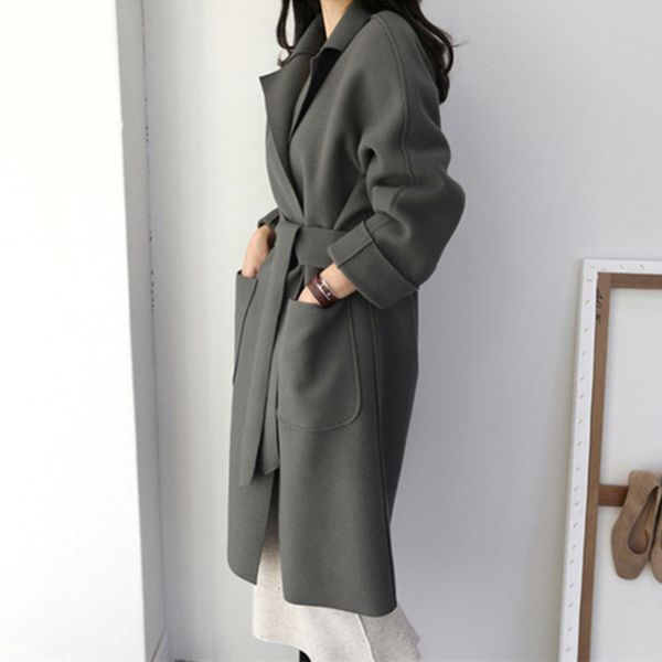 

wool women coats french casual warm long belt solid female office lady winter retro oversize loose woolen chic coat, Black