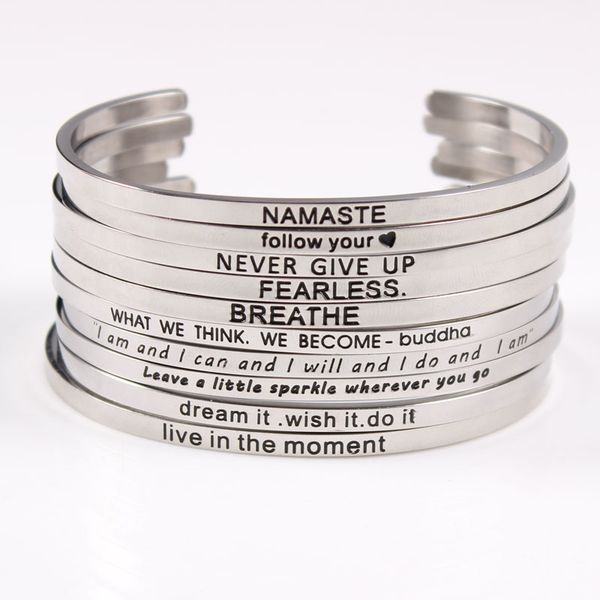 

stainless steel nail bracelet engraved positive inspirational quote hand imprint cuff mantra bangle bracelets for women 10pcsdio chan contac, Silver