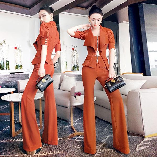 

women's two piece pants european and american fashion caramel suit 2021 summer short sleeve waist lapel flared set, White