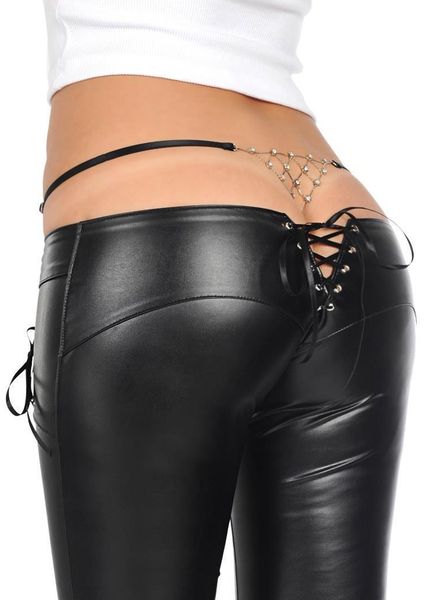 

latex pencil women pant faux leather low waist bandage zipper crotch detail slim fashion club dance wear black white