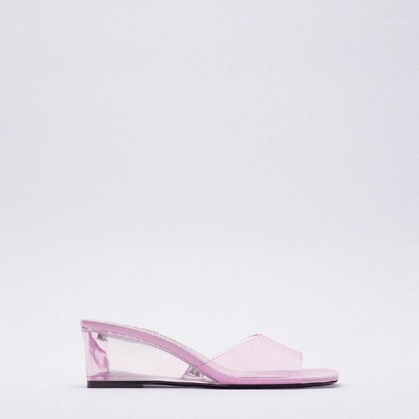

slippers women's fashion sandals 2021 summer transparent wedge square head crystal heel1, Black