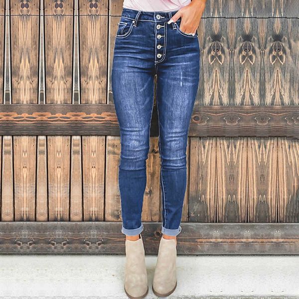 

fashion jeans single breasted slim fit women's wash high waist pants 78496, Blue