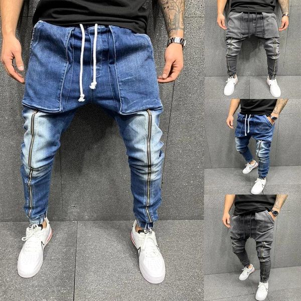 

men's jeans casual skinny hip hop denim pants men summer autumn sport pencil with big pockets, Blue