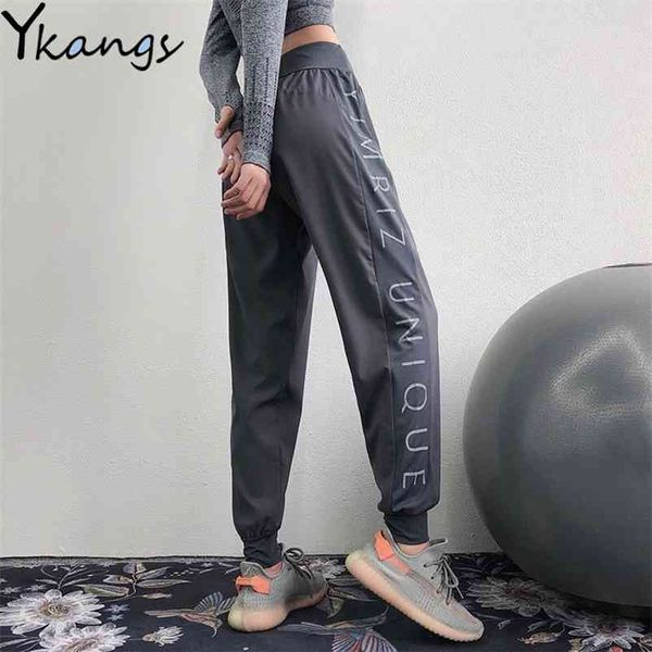 Pantaloni da donna Pantaloni da yoga Lettera stampa autunno signore joggers streetwear femminile coreano nero elastico pantaloni ad alto a vita alta 210421