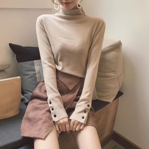 

women's blouses & shirts elegant women long sleeve with button turtleneck knitted basic sweater shirt lady elastic slim tight pullover, White
