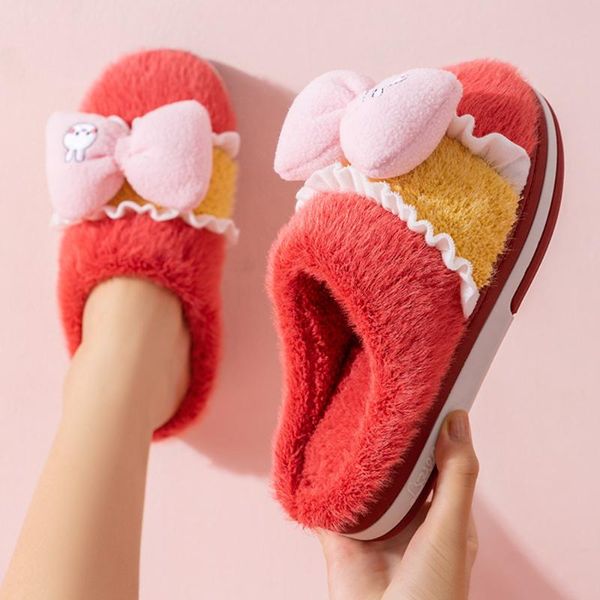 

slippers fashion bow women home indoor plush autumn winter female flat shoes ladies comfortable cotton hh233, Black