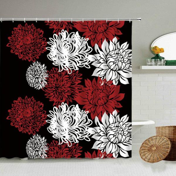 

red and white abstract flower floral pattern shower curtain black background bathroom accessories waterproof partition curtains
