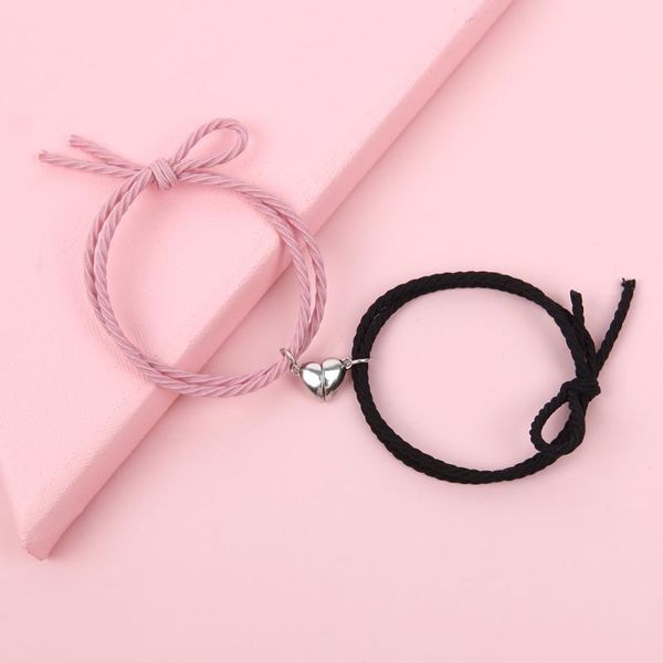 

charm bracelets 2pcs/set couple minimalist heart lovers matching friendship bracelet rope braided magnetic distance kit lover jewelry, Golden;silver