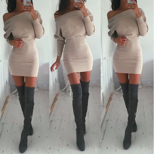 

one line shoulder long sleeve hip lifting women's dress, Black;gray