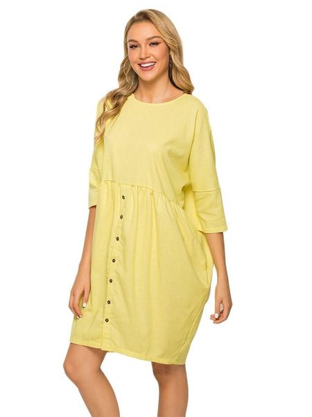 

casual dresses short cotton linen yellow sleeve fashion knee-length dress plus size summer chiffon, Black;gray