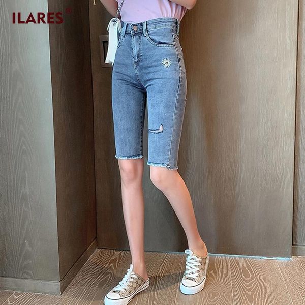 

women's jeans ilares woman mom pants ripped for women high waist denim super stretch elasticity knee length shorts ladies, Blue