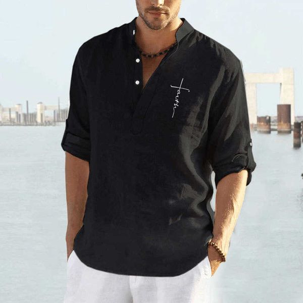 

casual 2021 men's cotton and hemp solid long sleeve shirt loose st collar for men, White;black