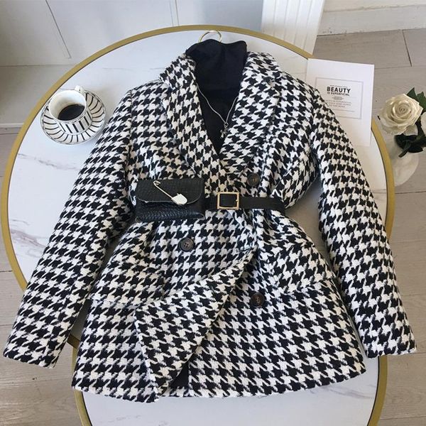 

women's jackets houndstooth woolen coat women winter jacket 2021 female suit with waist bag elegant thick loose top, Black;brown