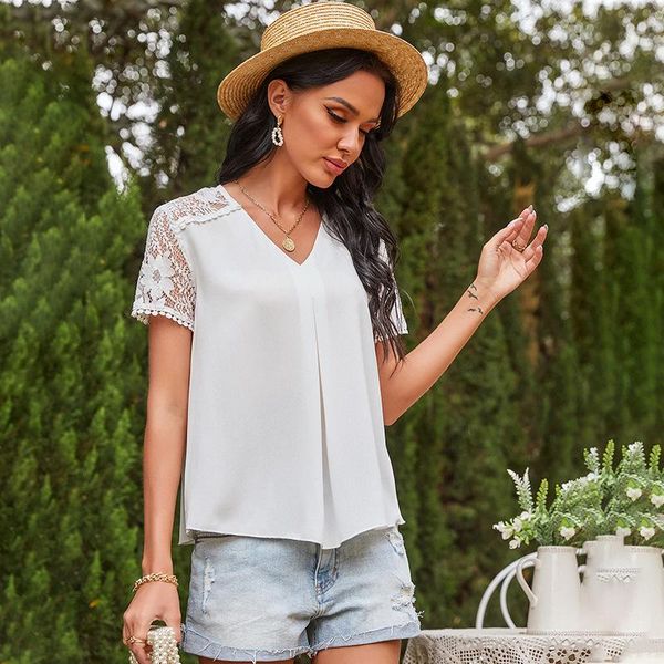 

women's blouses & shirts women 2021 lace patchwork casual spring summer short sleeve blouse ladies loose solid v neck pullover, White