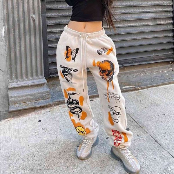 

hip hop sweat harajuku women capri cartoon printed trousers jogger drawstring cargo streetwear casual sweatpant autumn, Black;white