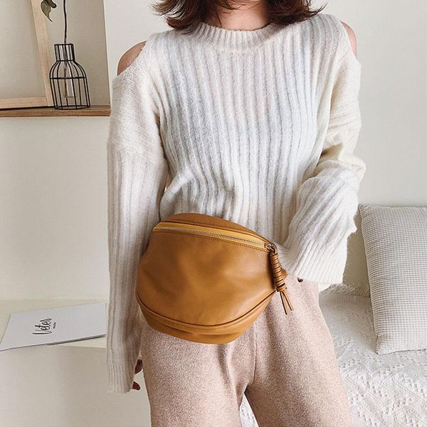 

women's waist bag pure black retro solid leater handbags for women fanny pack bananka fashion wild satchel belly band belt bags