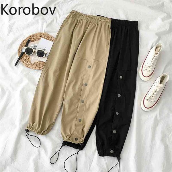 

korobov korean women preppy style cargo pants vintage single breasted trousers loose casual elastics high waist joggers 210430, Black;white