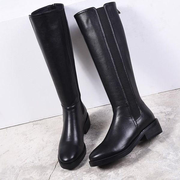 

boots genuine leather women knee high autumn winter 4cm heels shoes woman rouned toe concise pumps size 41 42 43, Black