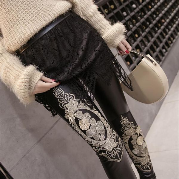 

pu leather velvet outside embroidery women leggings lace high waist pants woman spring autumn boyfriend for womens a6585, Black