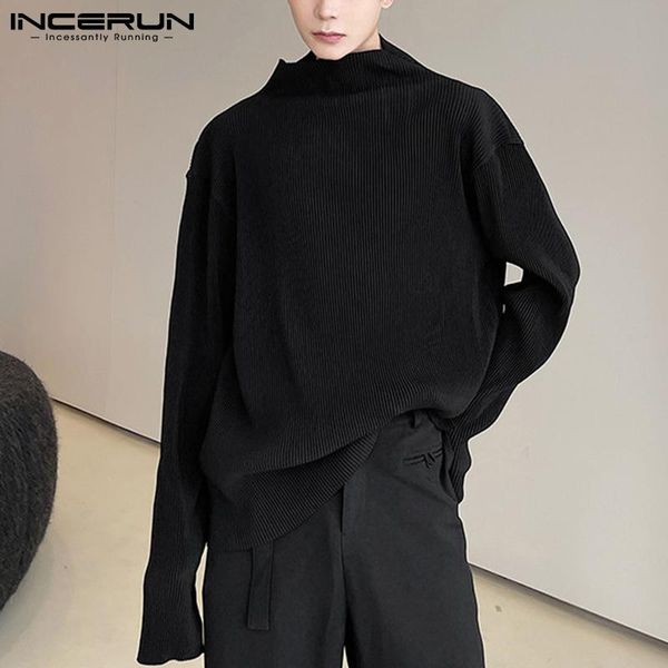 

men's t-shirts men casual t shirts turtleneck fashion long sleeve solid color pleated undershirt 2021 streetwear camisetas s-5xl incer, White;black