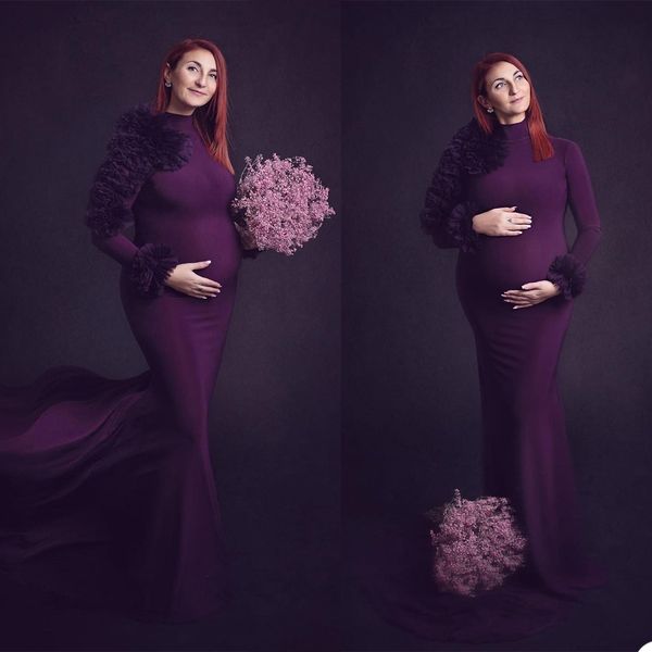 2021 Ruffles roxos Plus Size Grávida Senhoras Maternidade Sleepwear Dress Alto pescoço Nightgowns para Photoshoot Lingerie Bathrobe Nightwear Chuveiro de Bebê