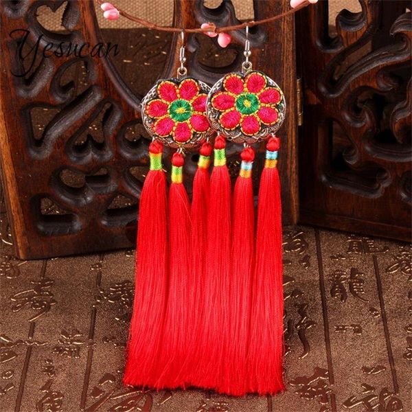 

dangle & chandelier yesucan vintage embroidery big flower 3layer drop earrings ethnic bohemia hanging long tassel earring women charm jewelr, Silver