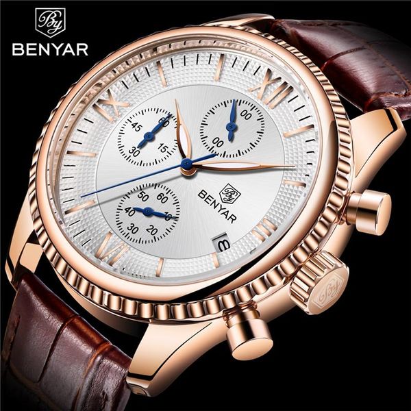 

wristwatches benyar 5129 men's watches casual waterproof leather sports watch men luxury business quartz relogio masculino, Slivery;brown