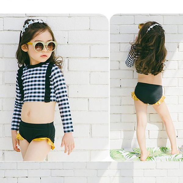 

korean children' swimsuit long sleeve sunscreen split high waist pants cover belly small and medium-sized girls' swimsuit cute ba, Red;black