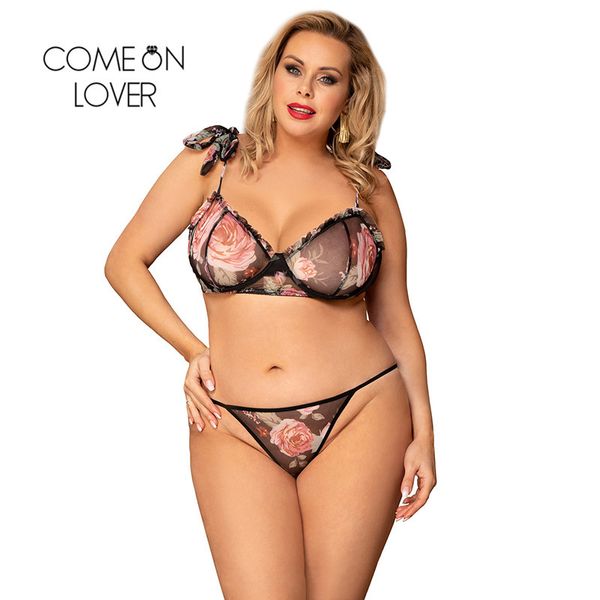 Comeonlover Reggiseno con ferretto Slip Set Lingerie sexy trasparente 5XL Set intimo donna con lacci Maglia stampata Ropa Mujer RI81000 X0526