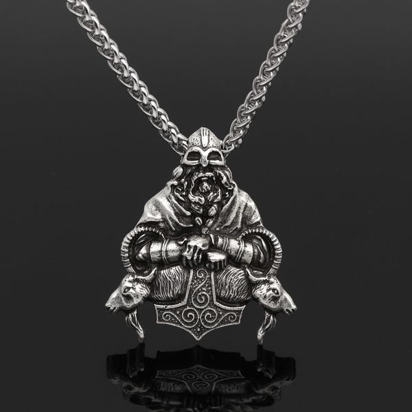 

selling nordic viking odin warrior hammer double sheep head pendant men's necklace long sweater chain, Silver