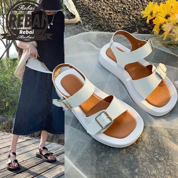 

sandals woman flat shoes 2021 fashion summer round toe mid heel black white buckle basic size 35-39