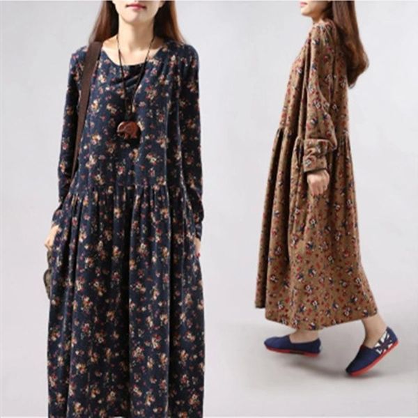 

casual dresses version of cotton and linen floral loose mori long-sleeved gentle dress ladies o-neck maxi autumn winter, Black;gray