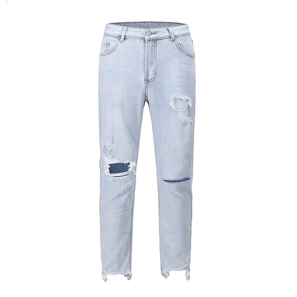 

men's pants shattered hole harrowing jean feet for man and straight woman washed blue light denim hip hop pants casual jeans, Black