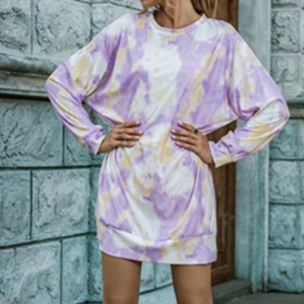 

tie dye casual woman dress fashion women tie-dye printed round neck long sleeve winter autumn robe longue vestido dresses, Black;gray