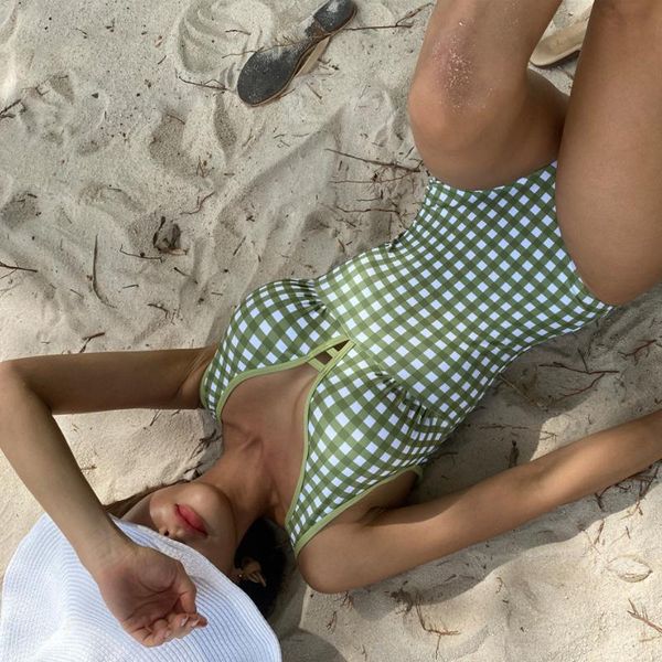 

bathing suits female 2021 one piece swimwear women checkered green push up swimsuit bodysuit one-piece swim wear beach girl