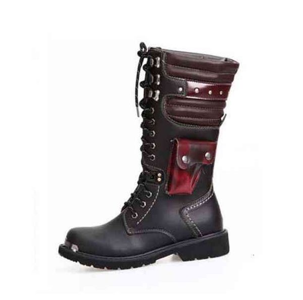 

military boots leather for men combat punk rock man's knee high motorcycle leather army male tooling rock, Black