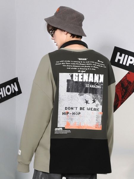 

men slogan graphic color block drop shoulder pullover 48wl#, Black