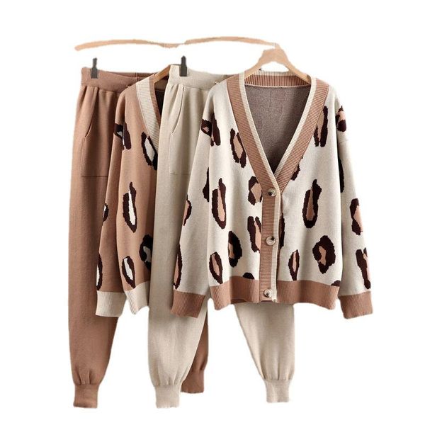 

women's two piece pants autumn oversized women cardigan sweater tracksuits leopard knitted jumper suits + harem 2/two pieces winter set, White