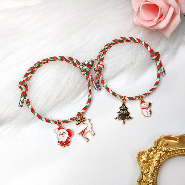 

charm bracelets 1 pair santa claus elk pendant love heart magnet attracts couple bracelet good friend girlfriend gift christmas jewelry, Golden;silver