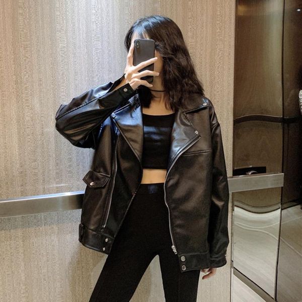 

women's leather & faux women loose pu jacket black soft street coat casual outerwear veste femme casaco feminino jaqueta chaquetas