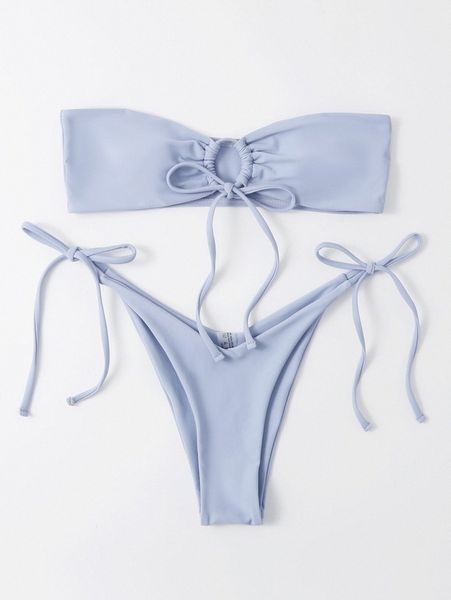 

self tie bandeau high cut bikini swimsuit 64xd#, White;black