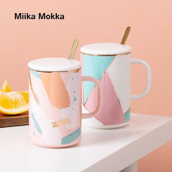 

geometry coffee cup with lid spoon nordic style creative painted mug pink color milk water home drinkware mugs