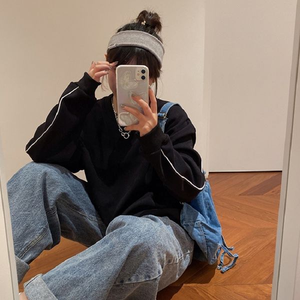 

6 colors autumn winter preppy style women soft warm sweatshirts side stripe thick sweatshirt womens pullovers ( f4157) 210423, Black