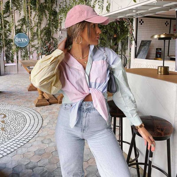 

women's blouses & shirts ueteey long-sleeved loose fashion style contrast shirt women four-color stitching color, White